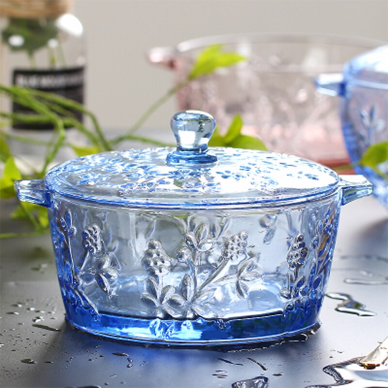 Bol à soupe en verre coloré, avec couvercle de bassin, relief Vintage sculpté, vaisselle en verre coloré de 700ml