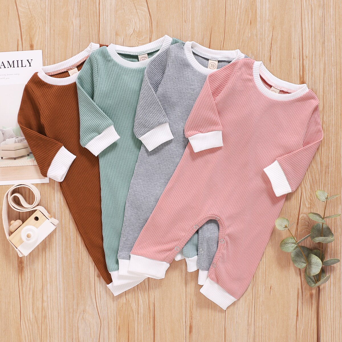 Efterår nyfødt baby drenge piger bukser solide langærmede knap afslappede jumpsuits outfits