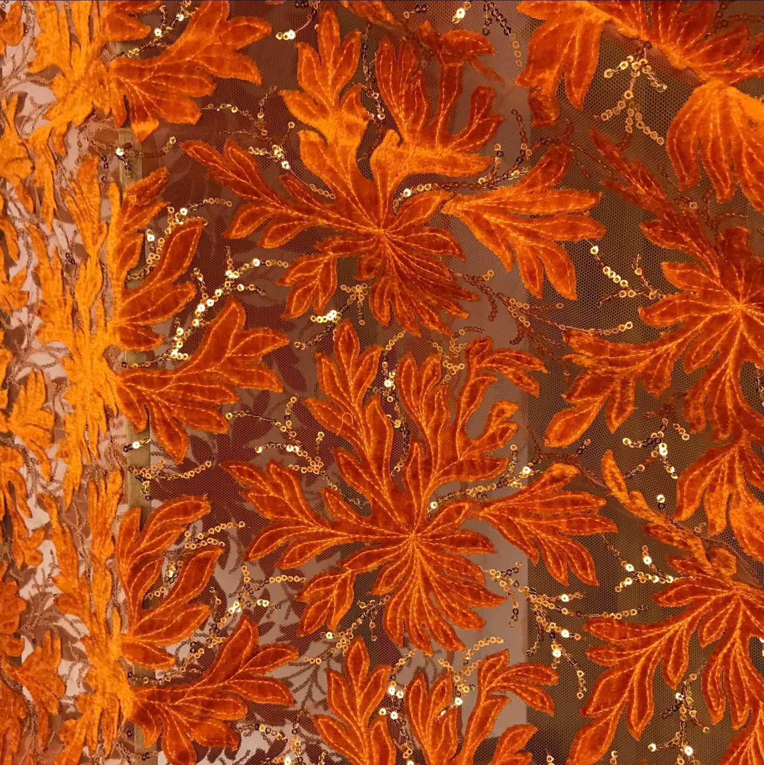 1 Yard Gold Maple leaf velvet lace Fabric With Sequins All around lace for Prom party Dress