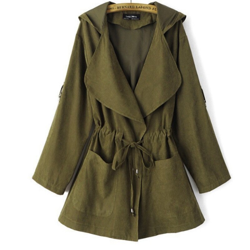 Solid trenchcoat dame efterår dame hætte tynd vindjakke mellemlang frakke afslappet løs streetwear frakker