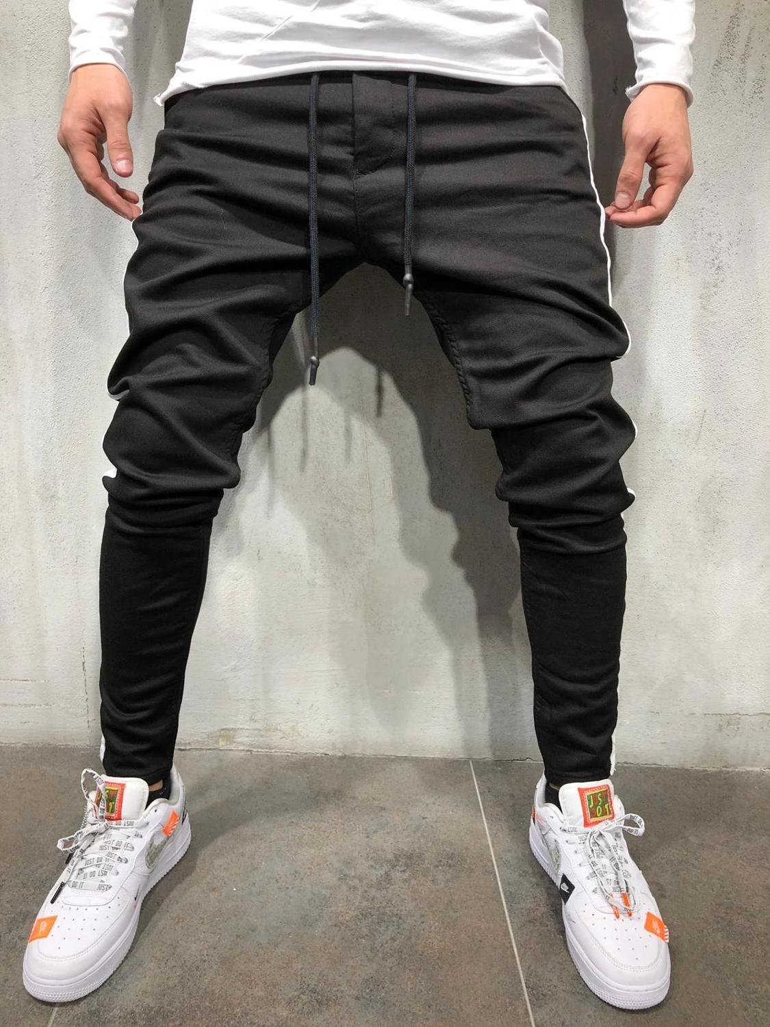 Mens Side Stripe Skinny Black Denim Jeans Hip Hop Streetwear Plus Size Slim Cotton Jeans Men Elasticity Skinny Jeans