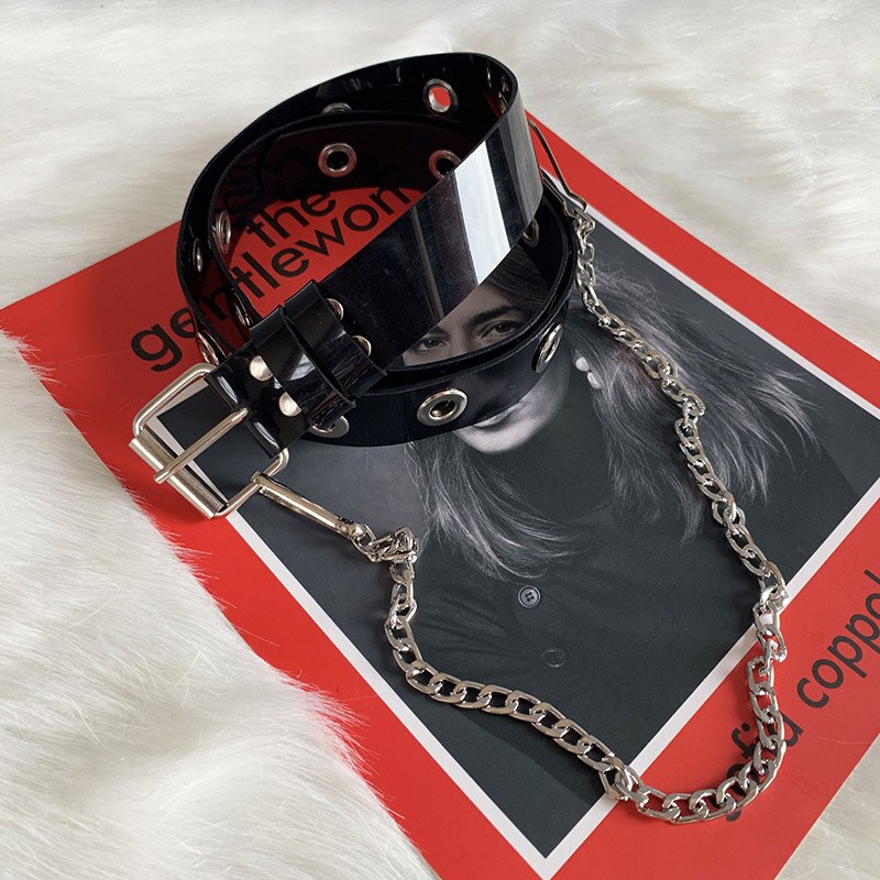 Punk pvc dam bälten silver fyrkantigt spänne med kedja genomskinlig midjerem jeans byxor casual svart dam kvinnlig midjeband: Svart med kedja