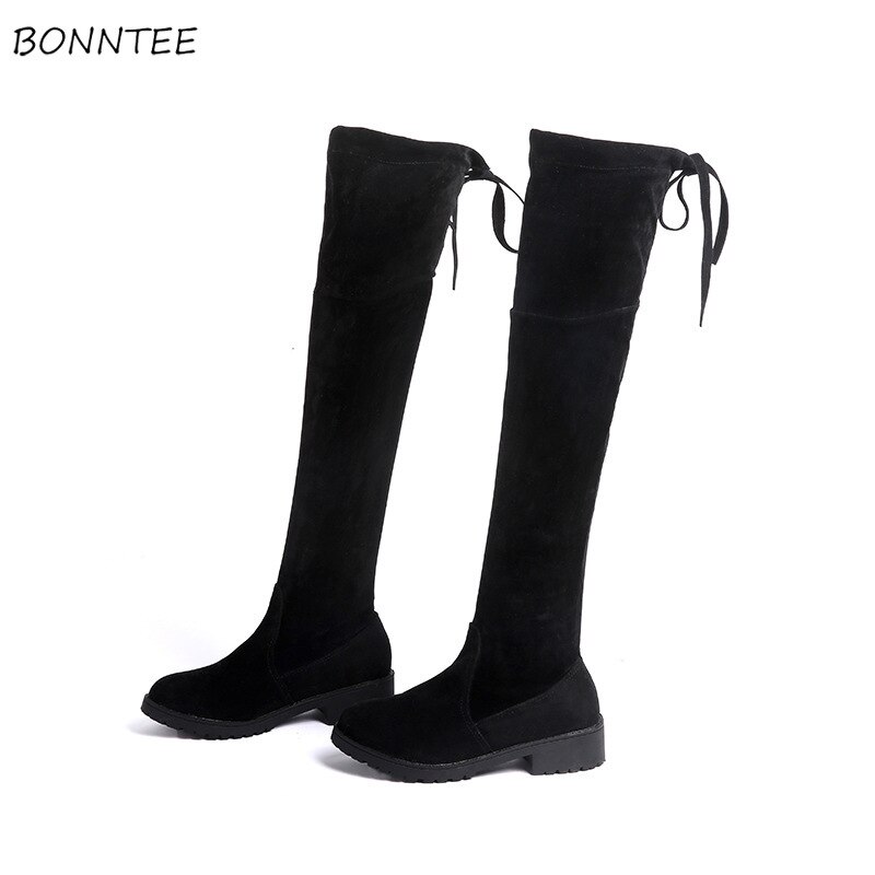 Laarzen Vrouwen Solid Flock Over-de-Knie Lange Laars Womens Trendy Koreaanse Vierkante Hak Winter Dij Hoge schoenen Vrouwelijke Warm