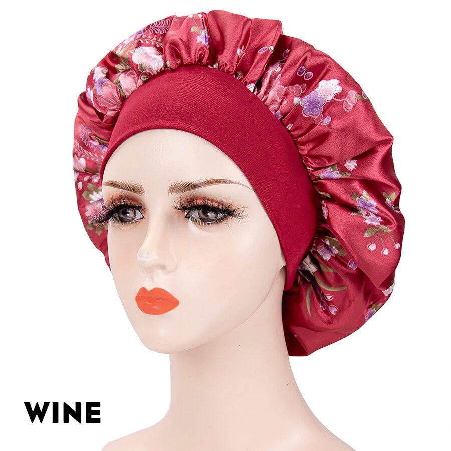 Red Flowers 1 Piece Sleep Cap Satin Bonnet Night Head Cover With Wide Band For Sleeping Soft Hair Silk Bonnet For Women Girls: WINE