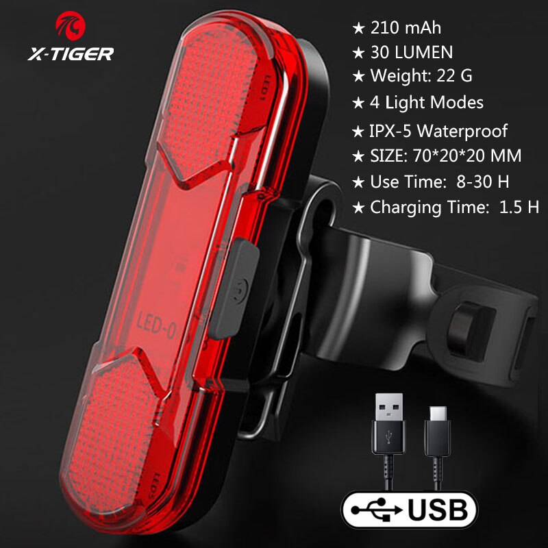 X-TIGER Fietsachterlicht Waterdicht MTB-fietslicht USB Charge LED Fietsachterlicht Flitsstaart Veiligheidsfietswaarschuwingslampje