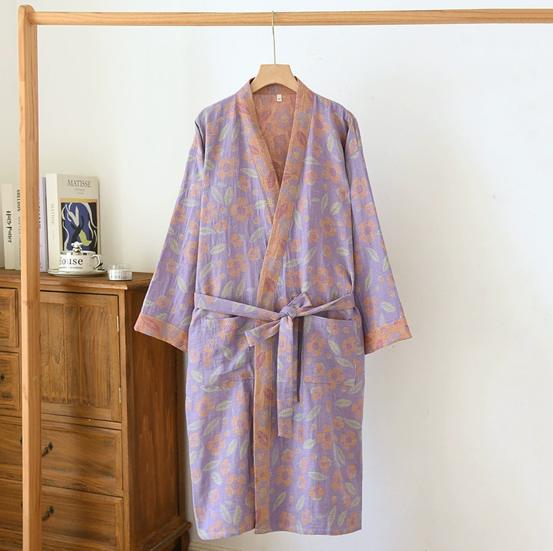 Flerfärgad kimono-badrock dampyjamaskläder för vår och sommar bomull lösa hemsovkläder kimono-rockar med bälte: M / Grå