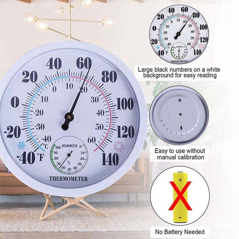 Indoor Outdoor Weather Thermometer Hygrometer, Garden Wall Thermometer for Patio,No Battery Hygrometer 10 inch Diameter