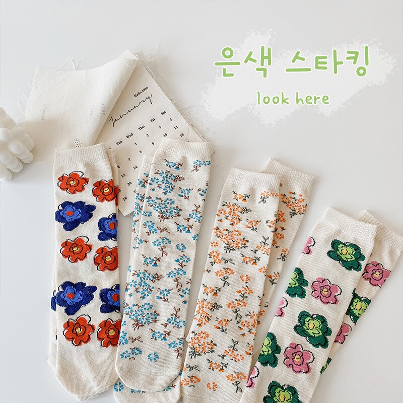 4Pairs/lot Baby Socks Spring Autumn Children Socks Korean Lovely Flower Cotton Kids Girls Tube Socks: Default Title