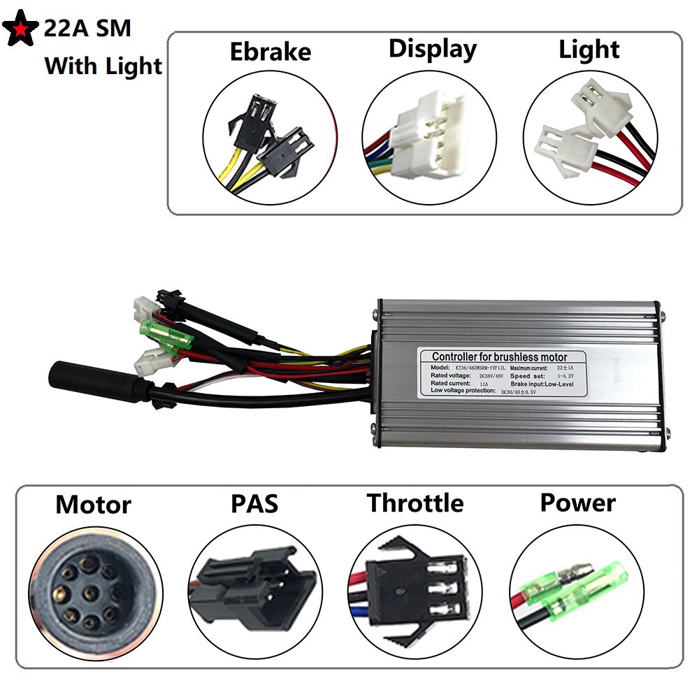 RICETOO-mando para bicicleta eléctrica, controlador de 36V/48V, Squarewave 15A/17A/22A para Ebike, Motor de 250W/350W/500W con enchufe de luz: 22A SM