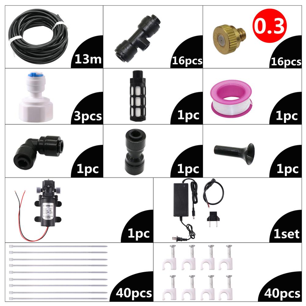 7m/10m/13m/16m/19m Garden Water Mist Cooling System Water Fog Sprayer System For Irrigation Misting For Greenhouse Flowers: 0.3mm Nozzle-13m kit