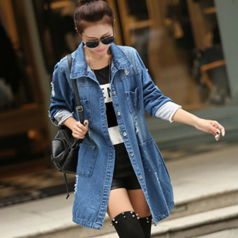 Women Long Sleeve Outwear Blue Denim Long Jeans Jacket Coat Plus Size