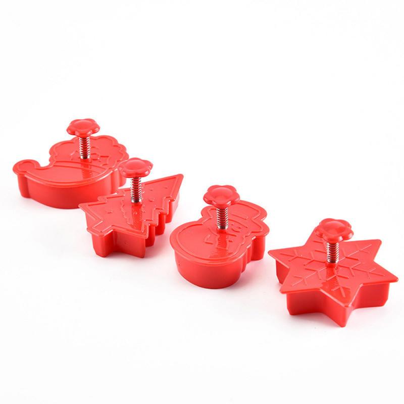 4 Stks/set Cookie Cutters 3D Cookie Plunger Mould Chocolade Fondant Kerst Cookie Stempel Biscuit Mold Bakvormen: 4pcs red
