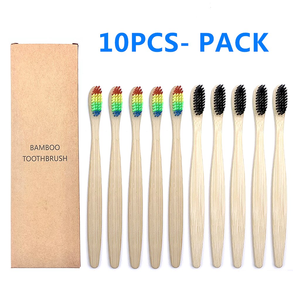 10pcs Eco-Friendly Plastic-Free Bamboo Toothbrush Soft Bristle Natural Healthy Dental Oral Care Hygiene Toothbrushes: 5 Black 5 Rainbow