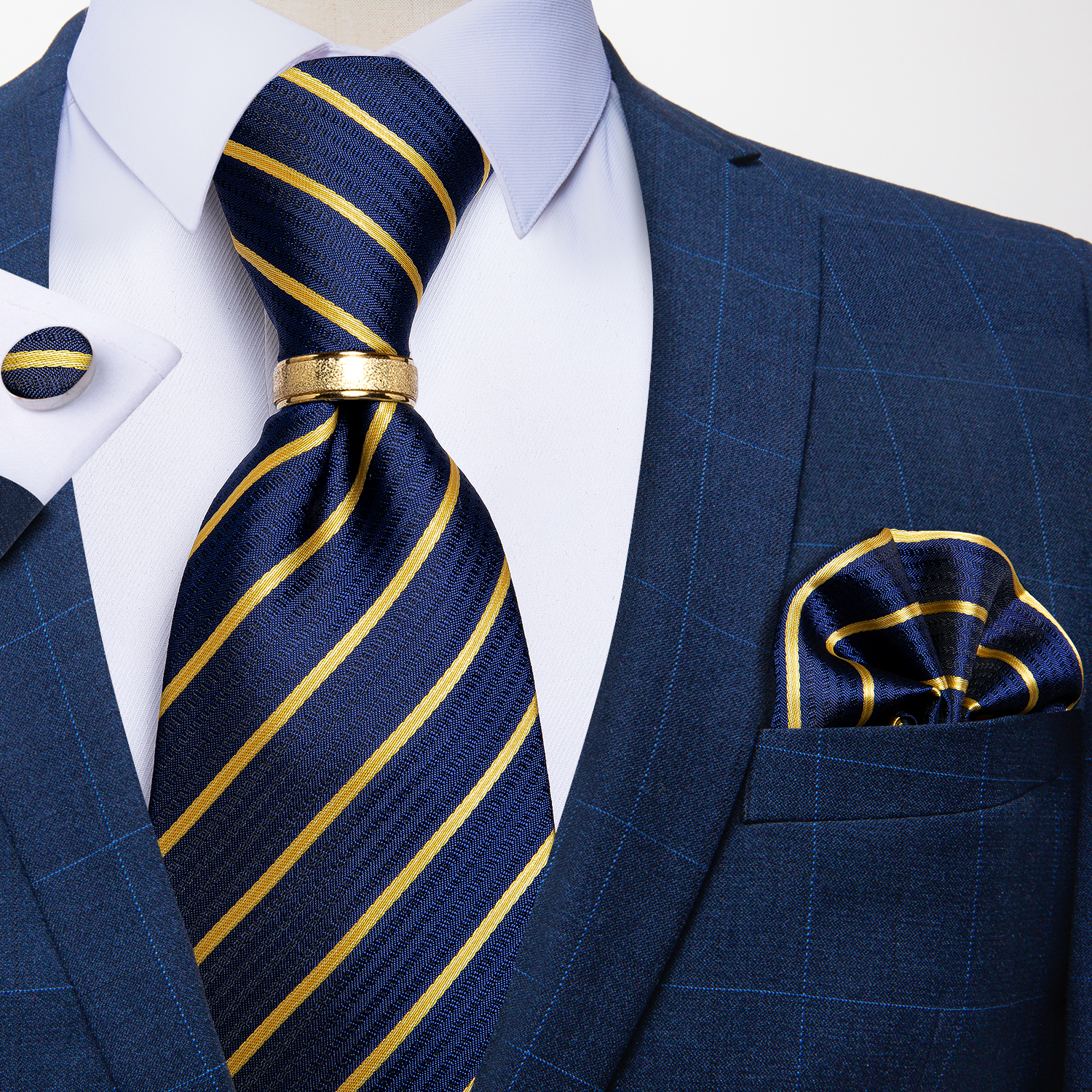 Corbata para hombre con anillo de Metal de Color dorado, conjunto de corbata de 8cm a la , pañuelo, gemelos, accesorios para de boda y negocios, para hombre