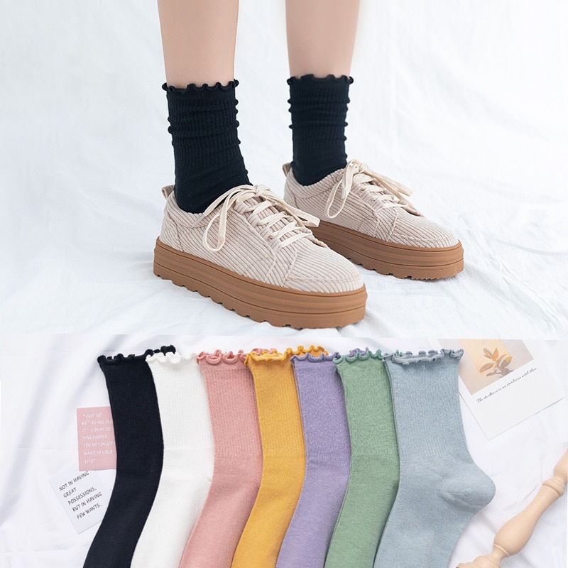 Calcetines con volantes de princesa para mujer, calcetín, colores sólidos, para la universidad, dulces, 5 pares