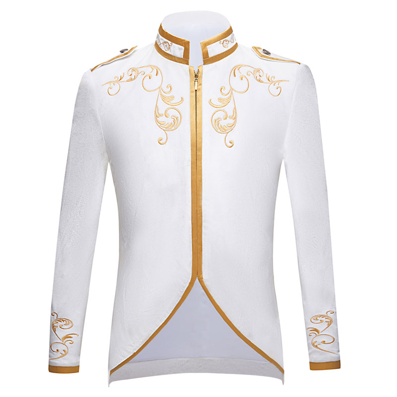 PYJTRL British Style Palace Prince Black Velvet Gold Embroidery Blazer Wedding Groom Slim Fit Suit Jacket Singers Coat: pure white color / US size L 42R
