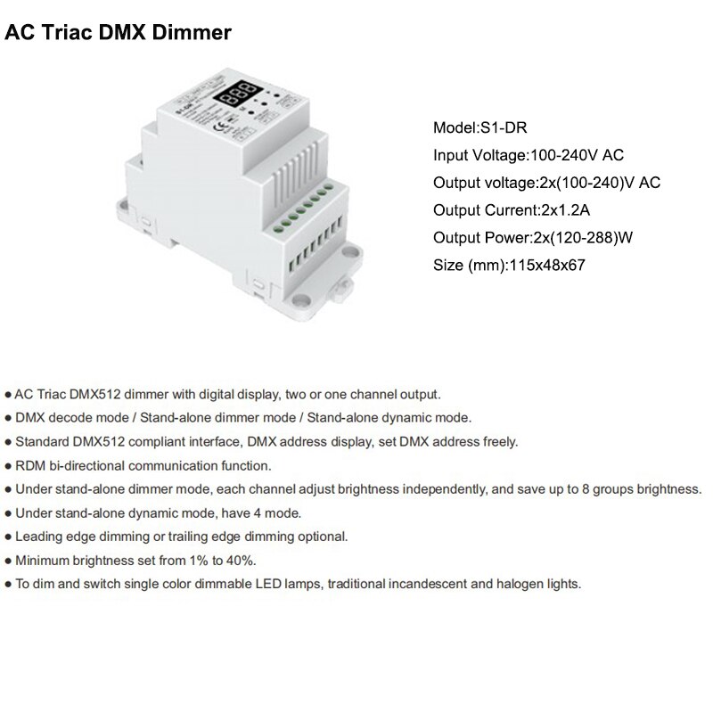 AC100-240V 2x 288W DMX512 LED Dimmer 2 Channel Dimmable Triac DMX Controller Rail LED Bulb Light Triac Dimmer Switch