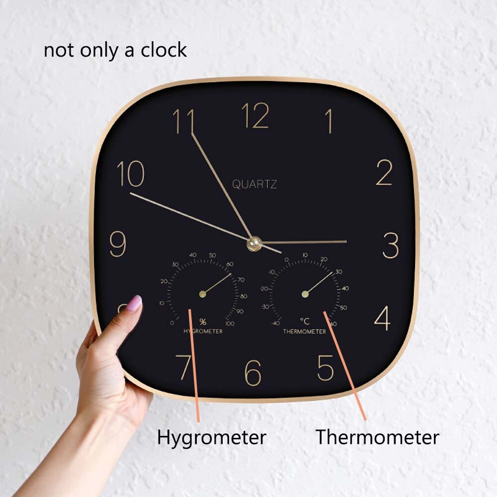 12 inch 31cm wall clock home metal case clock black european style wall clock with Thermometer hygrometer home decor