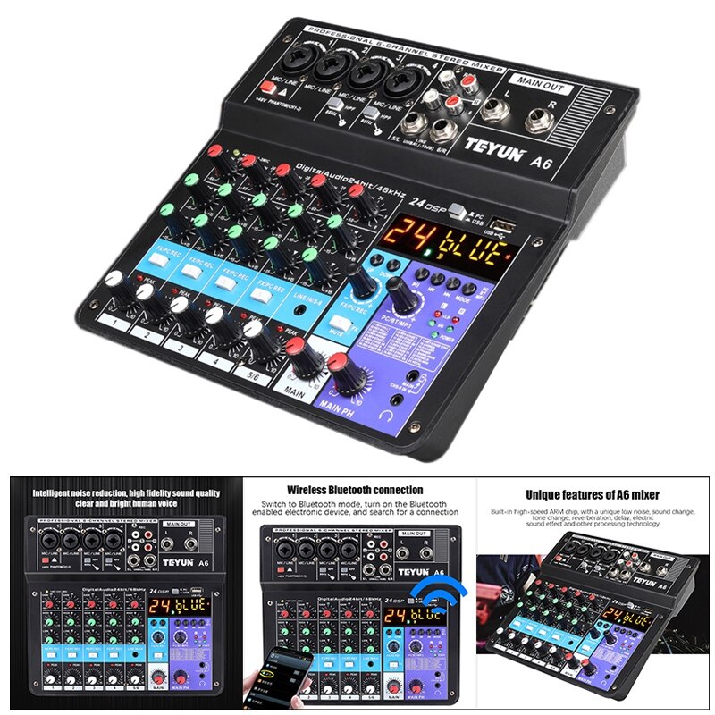 Professionele Geluidskaart 6-Kanaals Mixer Outdoor Conferentie Audio Usb Bluetooth Reverb Audio Voor Microfoon Live