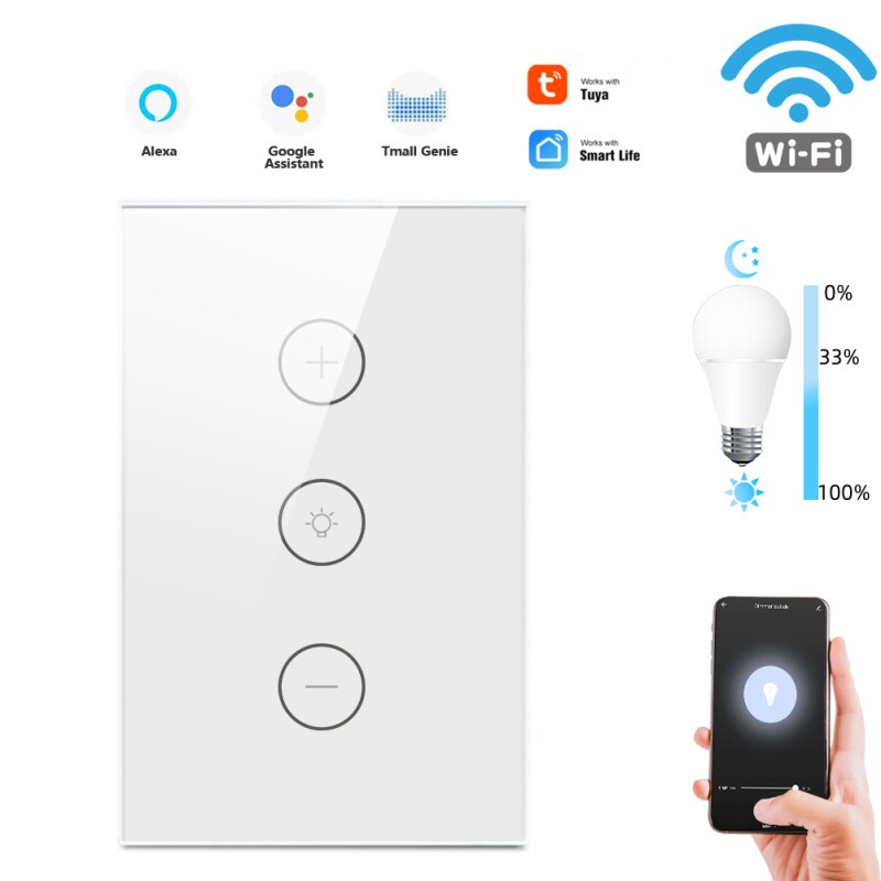 1PC Smart Dimming Switch WiFi Wall Smart Light Touch Glass Panel Work With Google Home and Alexa