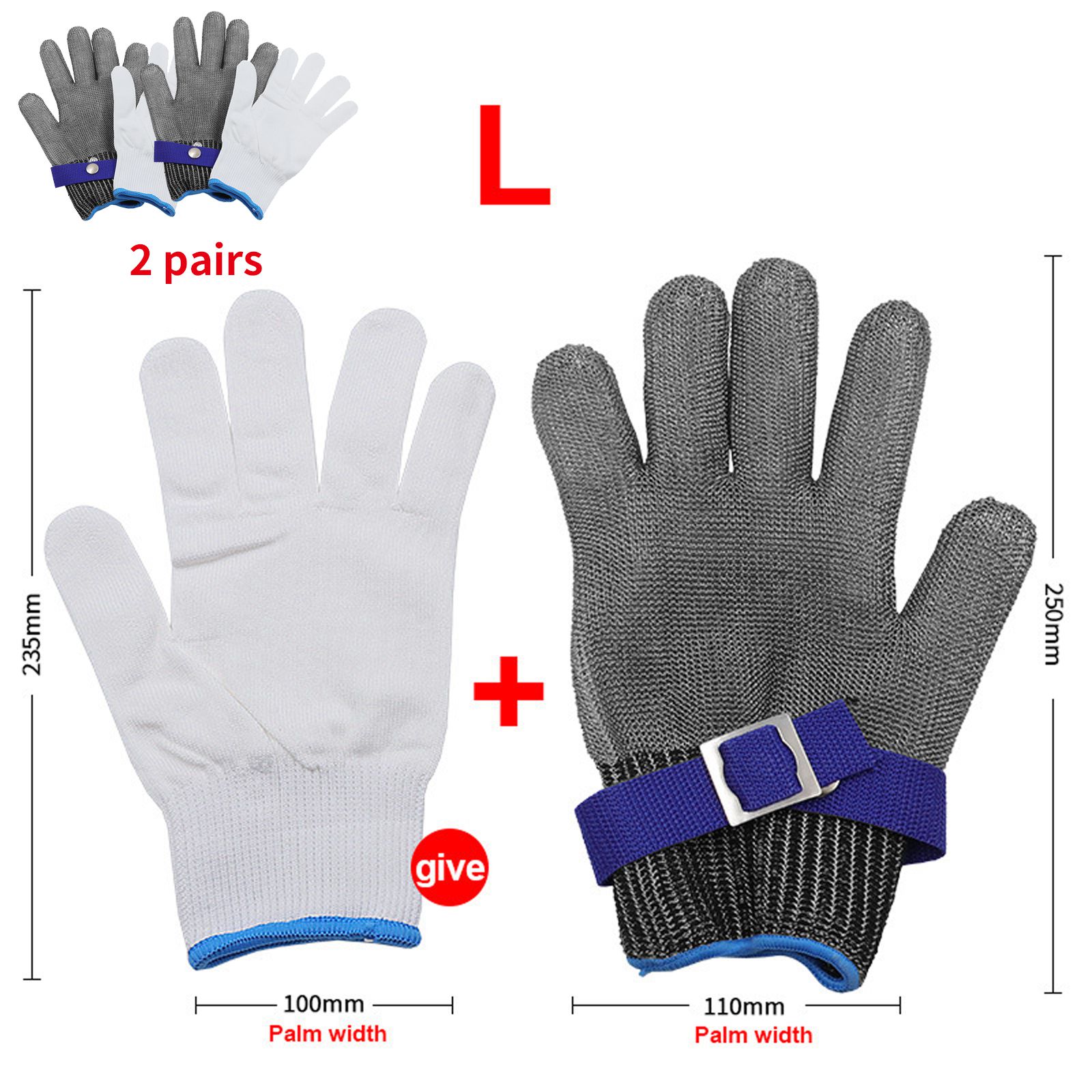 Guantes de acero inoxidable resistentes a puñaladas, seguridad, malla metálica, carnicero, duraderos, 1 par: L