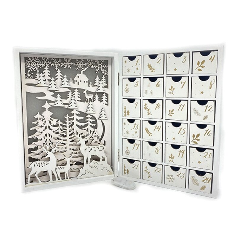 Christmas Wooden Advent Calendar Book with Drawers LED Light Up 24 Days Countdown Candy Organizer Snowy Village Scene Xmas Table