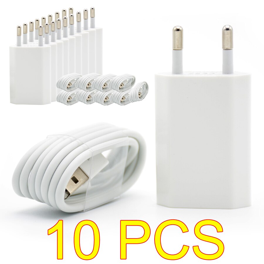 10 Stks/partij Eu Plug Witte Kleur Muur Usb Charger Voor Iphone 8 Pin Opladen Kabel + Lader Adapter Voor Apple iphone 6 7 Plus 5S 5: Default Title