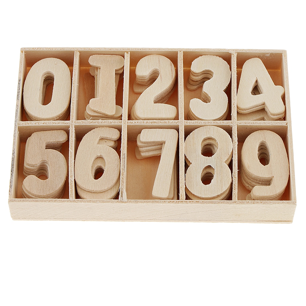 60 Piece Set Wooden Numbers - Wooden Craft Numbers with Storage Tray - Unpainted Wood Arabic Numbers Kids Learning