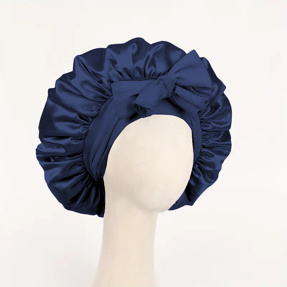 Gorro de satén Gorro de seda Bonne ajustable para dormir Gorro para el pelo con banda para atar Gorros para mujeres y hombres: Azul oscuro
