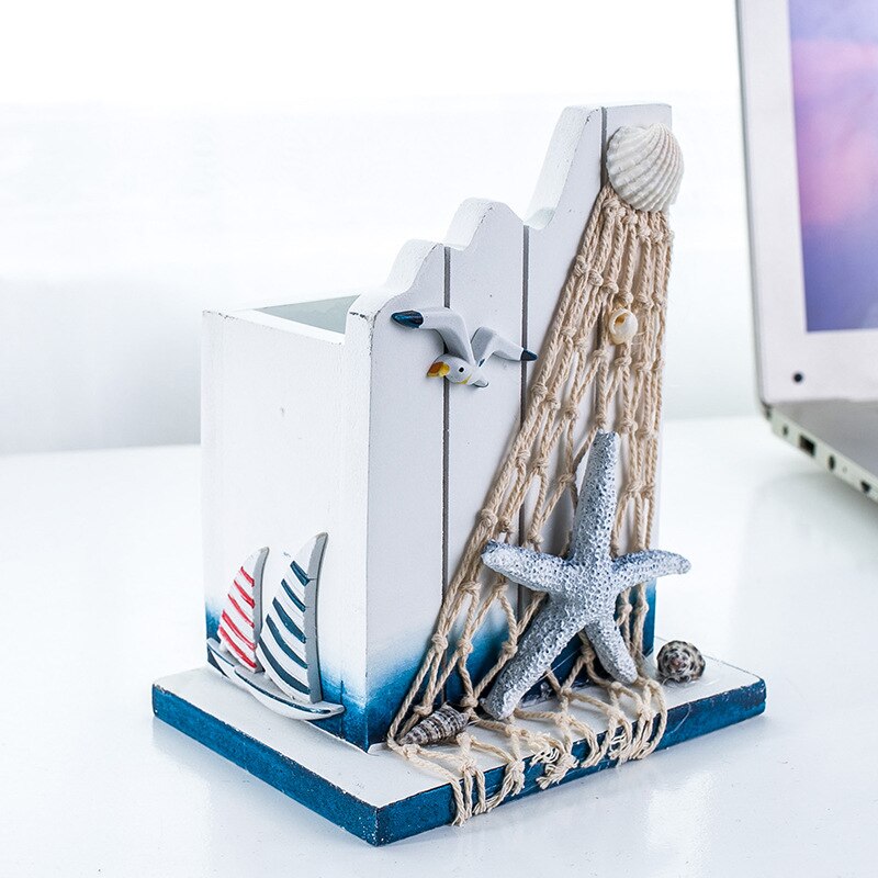 Mediterranean Wooden Storage Box Sea Bird Sailing Pencil Barrel Multifunction Home Office Desktop Decoration Organizer: 1
