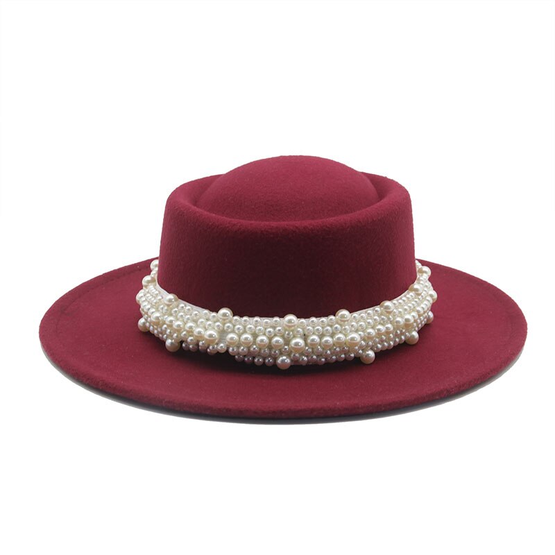 Vrouwen Hoeden Ronde Top Parel Band Formele Lente Mannen Vrouwen Vilten Hoeden Jazz Kerk Wedding Solid Klassieke Riem Zwarte Fedora hoeden