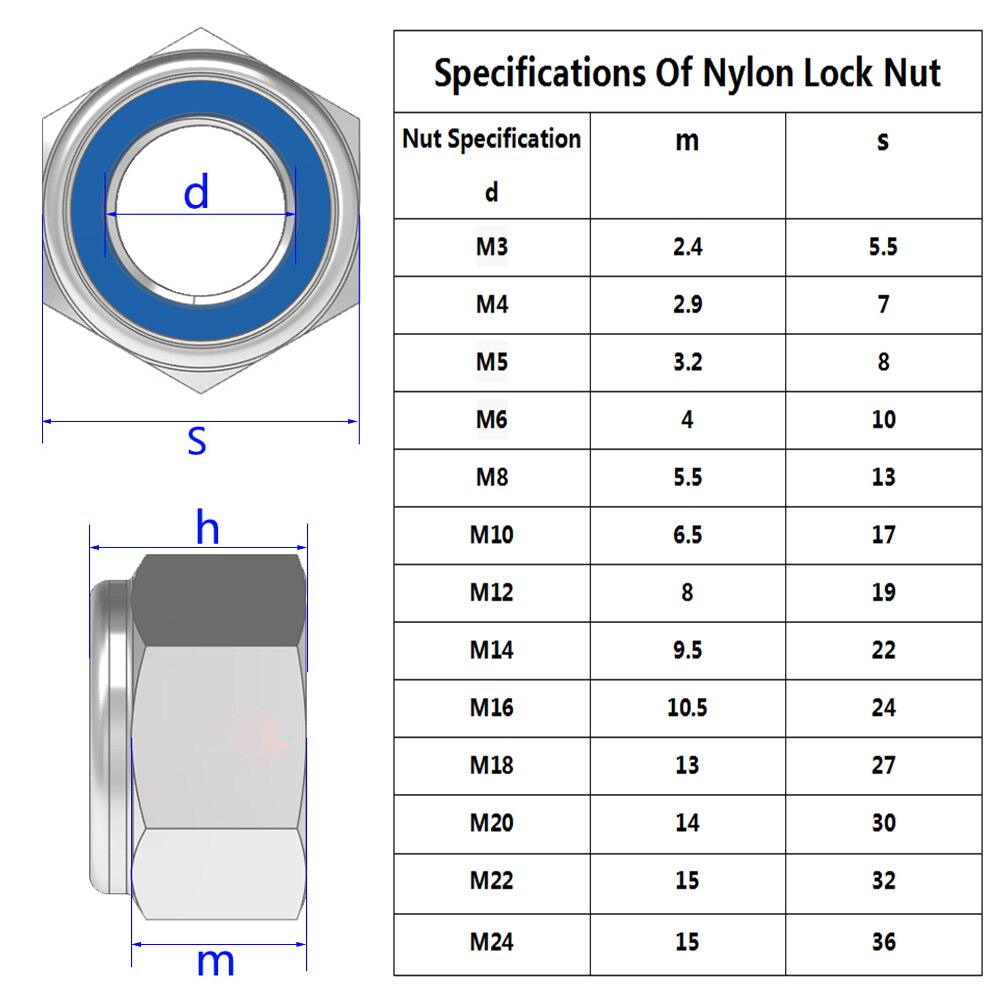 20Pcs Hex Lock Nuts M3 M4 M5 M6 M8 M10 M12 M16 to M24 Nyloc Nuts T Type Nylock A2 Stainless Steel 304 Lock Nuts