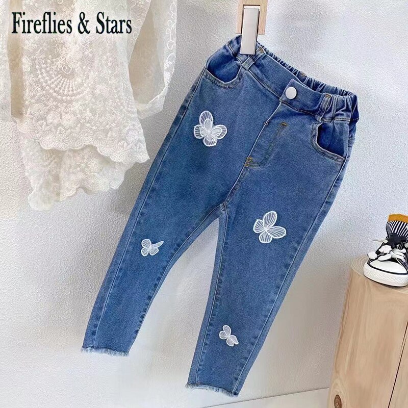 Primavera autunno ragazze pantaloni di jeans pantaloni svasati per bambini pantaloni per bambini pantaloni per bambini moda 3D maglia farfalla Patch da 2 a 8 anni