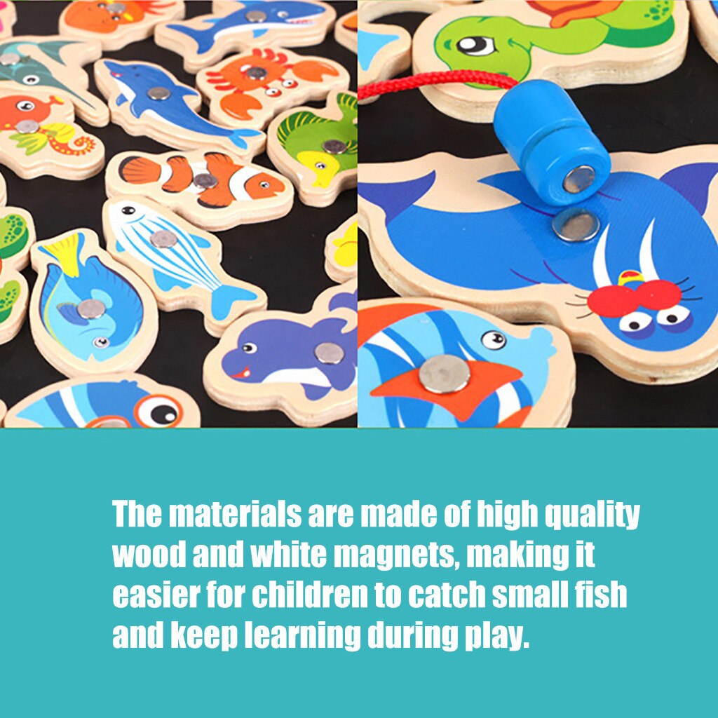 41Pcs Fish Wooden Magnetic Fishing Toy Set Fish Game Educational Fishing Toy