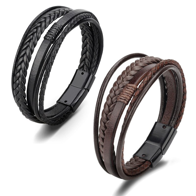 Lederen Armbanden Mannen Rvs Multilayer Gevlochten Touw Armbanden Voor Mannelijke Vrouwelijke Armbanden Sieraden