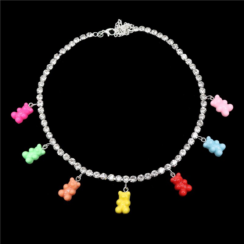 Multicolor Transparent Acrylic Bear Necklace Cute Candy Color Resin Gummy Bear Rhinestone Pendant Necklace Women Jewelry: 26