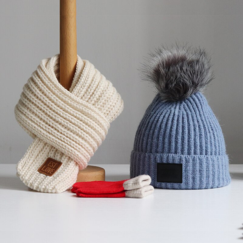 Baby lue høst vinter barn lue skjerf gutter og jenter hodehette skjerf baby ull lue trend hanske 3- deler dresser: Lyseblå hvit / 2-3 år gammel