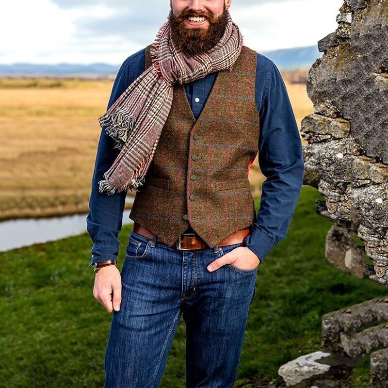 Men's Suit Vest Boutique Plaid Slim Fit Leisure Cotton Male Gentleman Beckham Business Waistcoat for Wedding Groomsmen