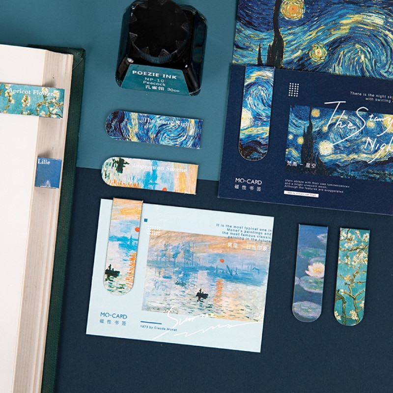 4 kunstgalleri magnetisk bogmærke til bogmarkør magnet sideholder klip van goah stjerneklar nat monet solopgang skole  f439