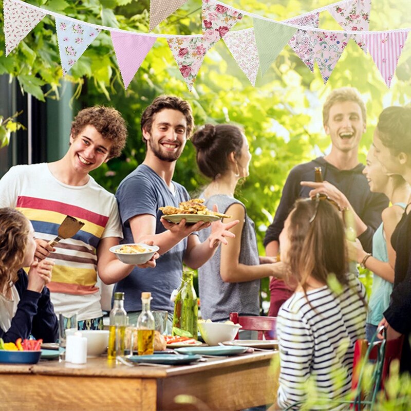 40Ft Fabric Bunting, 42Pcs Outdoor Bunting Banner,Floral Vintage Cotton Triple-cornered Flag for Garden Birthday Party