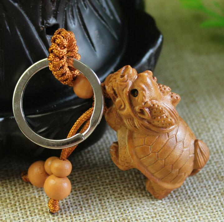 Statue de tortue Dragon en bois sculpté en 3D, pendentif, Sculpture de la richesse chinoise, porte-clés
