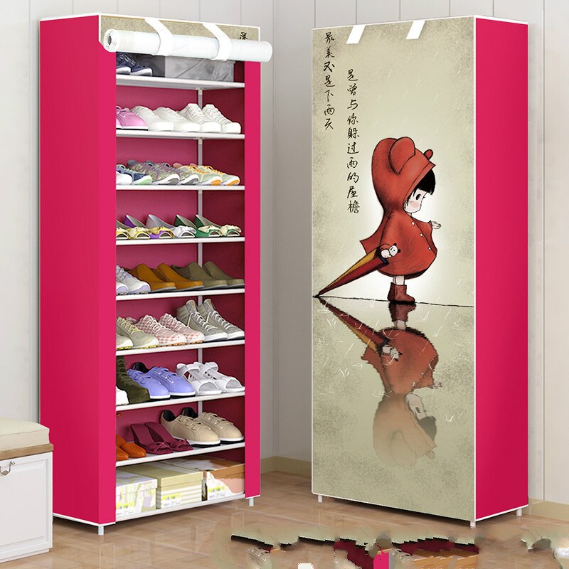 Multi-layer Shoe Rack Dustproof Fabric Assembly Shoe Storage Cabinet Stand Holder Space Save Shoe Organizer Rack pf082711: 10layer-Red girl