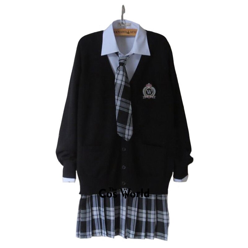 Preppy Style Student Class Uniform Japan JK High School Uniform Winter Black V-Neck Cardigan Black White Pleated Skirt Suits