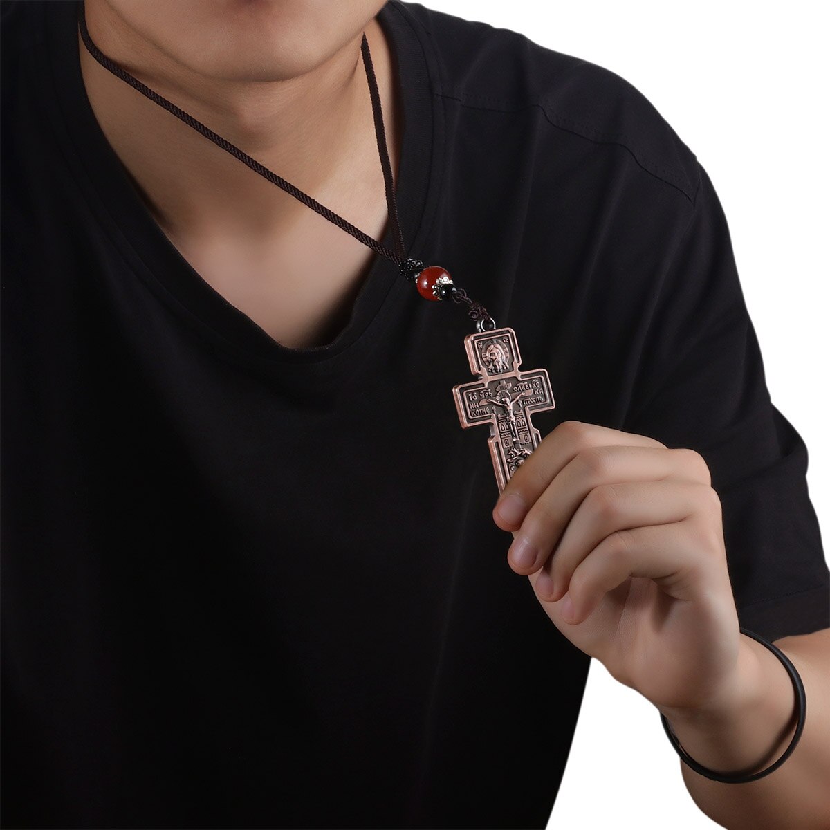 Orthodoxe Jezus Christus Kruis Hanger Kruisbeeld Pantocrator Christelijke Ketting Voor Mannen Gevlochten Touw Ketting Kerk Bid Sieraden