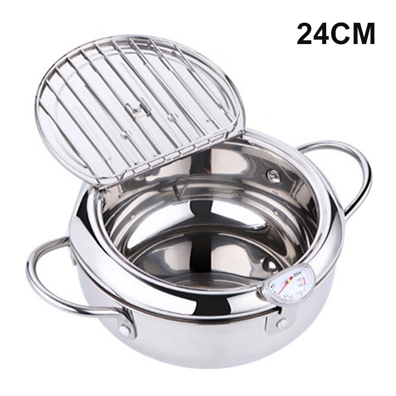 Tempura Fryer with Thermometer Lid Non-stick Stainless Steel Frying Pot for Kitchen MSU88: 24cm