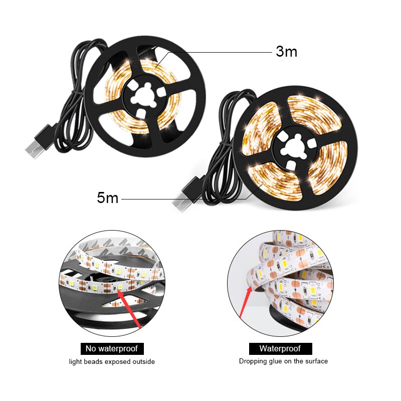 LED Lights 2835 SMD Cabinet Kitchen LED Tape 1-5m Waterproof Strip Closet TV Decoration Lamp 5V USB Cable Charging