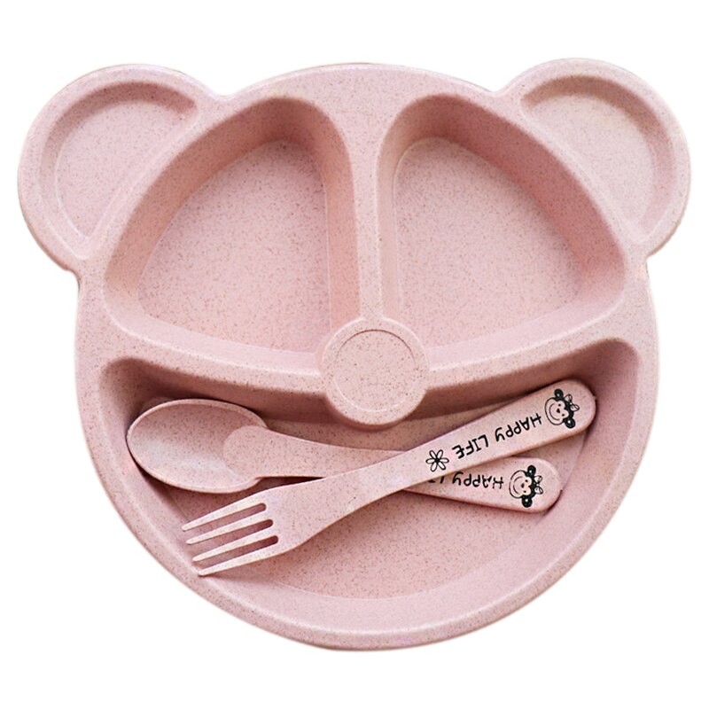 Baby bowl+spoon + fork Feeding Food Tableware Cartoon Panda Kids Dishes Baby Eating Dinnerware Set Anti Training Bowl Spoon: Pink