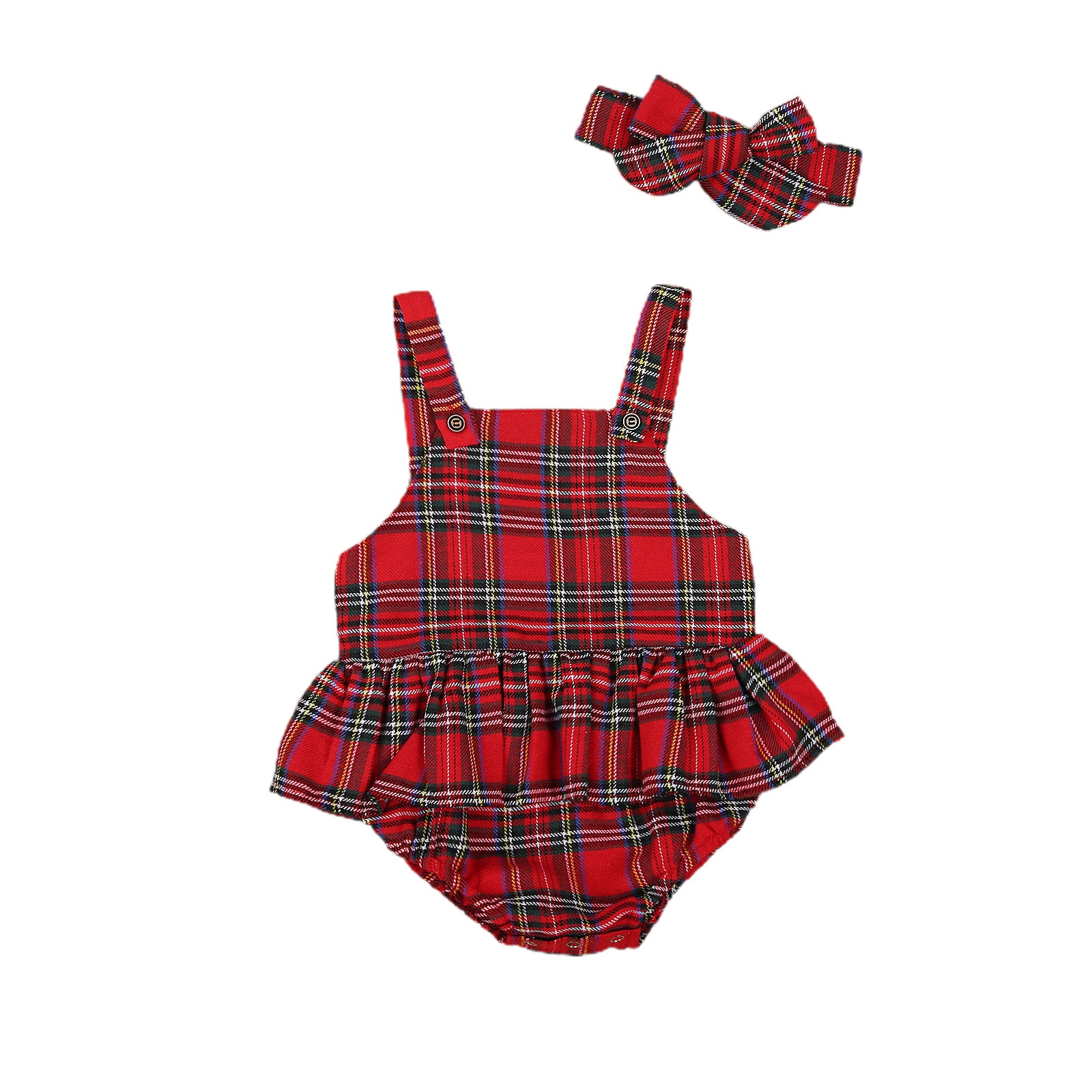 FOCUSNORM Christmas Baby Girls Boys Party Bodysuits One Piece Sleeveless Ruffles Plaid Print Backless Jumpsuits 0-24M
