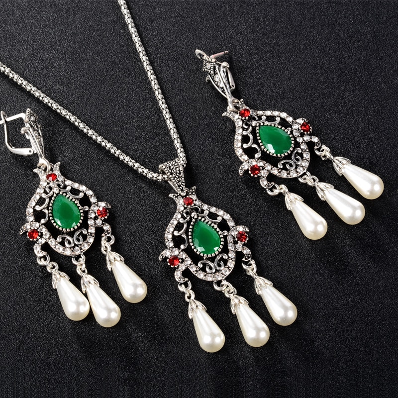 Ensemble collier et boucles d&#39;oreilles pour filles, bijoux turcs mosaïque, vert, rouge, résine, cristal, argent tibétain, pendentifs