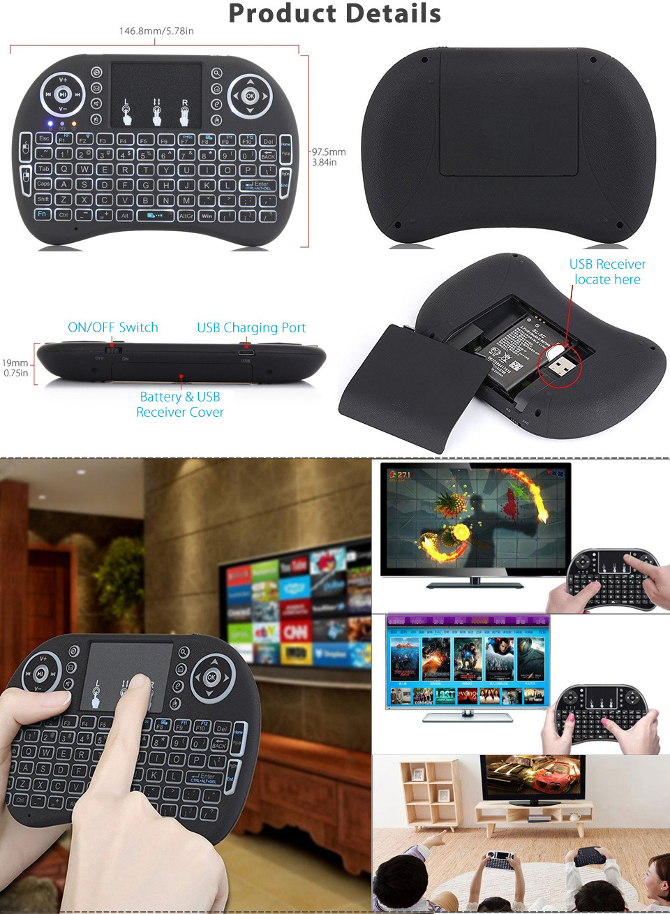 Mini tastiera wireless con touchpad a 2.4g tasti, mouse aereo, telecomando touchpad a 92 tasti, tastiera wireless a 2.4 ghz con buona compatibilità
